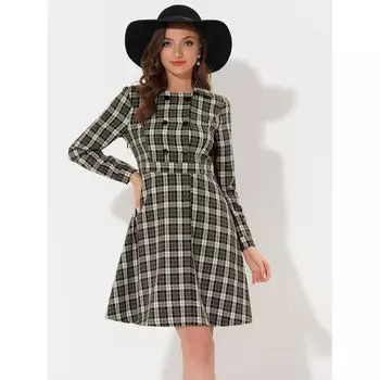 Женское элегантное клетчатое платье с отложным воротником и пуговицами спереди с длинными рукавами в стиле ретро ALLEGRA K