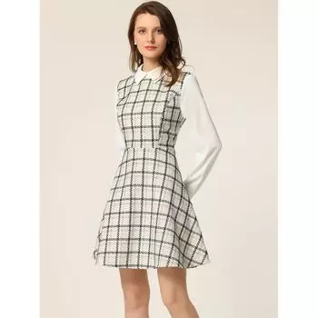 Женское элегантное клетчатое твидовое платье трапециевидной формы 2 в 1 с контрастным воротником-фонариком и длинными рукавами ALLEGRA K, белый