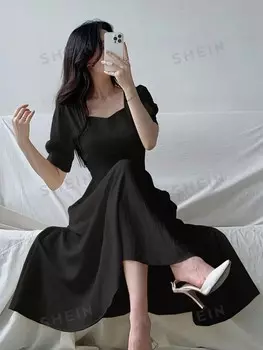 Женское элегантное Однотонное платье с пышными рукавами и поясом на лето Dazy, черный