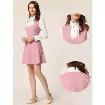 Женское элегантное офисное платье с контрастными рюшами и воротником-стойкой, галстуком-бабочкой и пышными рукавами ALLEGRA K, черный