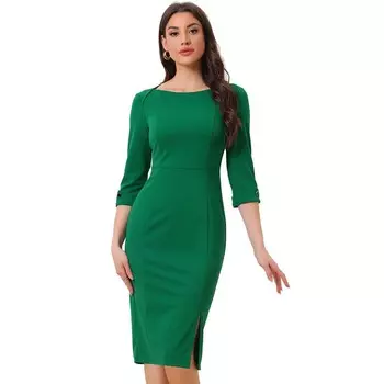 Женское элегантное платье-футляр миди с вырезом «лодочка» и рукавами 3/4 для работы ALLEGRA K, зеленый