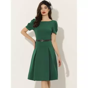 Женское элегантное рабочее платье с поясом и вырезом лодочкой, с короткими рукавами ALLEGRA K, темно-зеленый