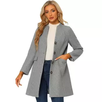 Женское элегантное зимнее однобортное длинное пальто с V-образным вырезом и длинными рукавами ALLEGRA K, серый