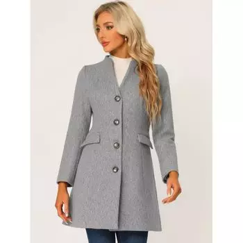 Женское элегантное зимнее однобортное длинное пальто с V-образным вырезом и длинными рукавами ALLEGRA K, черный