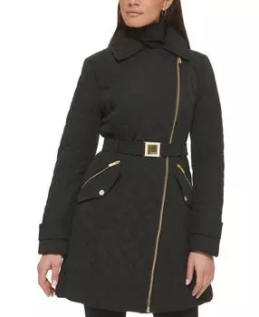 Женское асимметричное стеганое пальто с поясом и ромбами GUESS, черный