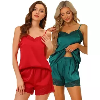 Женское атласное нижнее белье, кружевная отделка, топы на бретельках и шорты, пижамные комплекты ALLEGRA K, цвет Red Dark Green