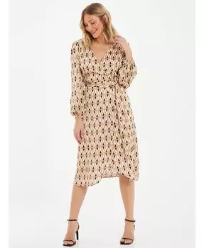 Женское атласное платье миди с запахом и геометрическим рисунком QUIZ, тан/бежевый