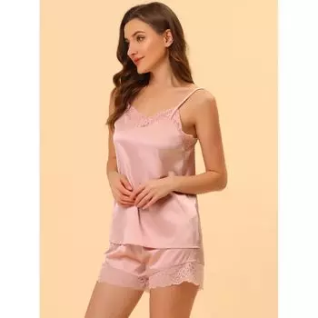 Женское атласное сексуальное женское белье с кружевной отделкой, топы на бретелях, шорты, пижамные комплекты ALLEGRA K, темно-зеленый