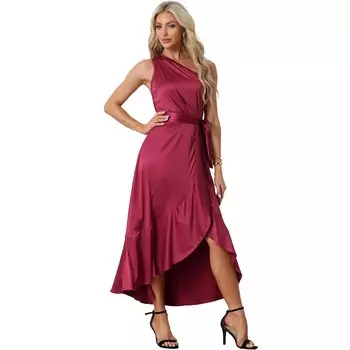 Женское атласное вечернее коктейльное платье без рукавов на одно плечо с поясом и рюшами ALLEGRA K, цвет Burgundy