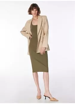 Женское базовое платье миди цвета хаки без рукавов в рубчик с квадратным вырезом MARSE Fabrika, хаки