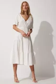 Женское белое летнее трикотажное платье с запахом воротника Happiness stanbul, белый