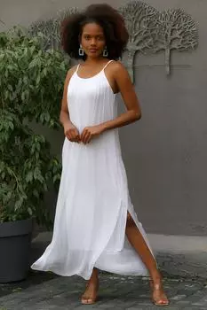 Женское белое повседневное тканое платье трапециевидной формы макси с шелковой подкладкой и разрезом, белое, с U-образным вырезом Chiccy, белый