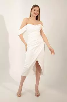 Женское белое вечернее платье миди с вырезом лодочкой и драпировкой Lafaba, белый