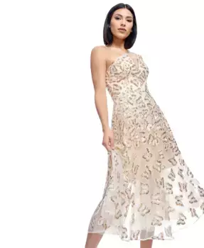 Женское бесшовное платье-футляр с пайетками в виде бабочек Briella Butterfly Dress the Population, коричневый/бежевый