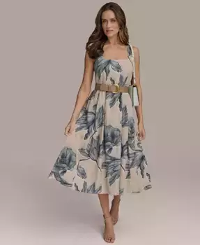 Женское бесшовное платье с поясом из смесового льна Donna Karan New York, коричневый/бежевый