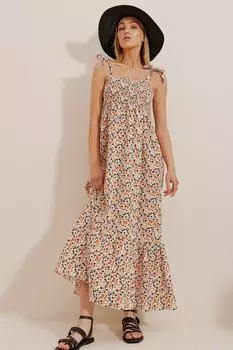 Женское бежево-оранжевое платье из поплина с цветочным узором и воланом на бретельках ALC-X8732 Trend Alaat Stili, бежевый