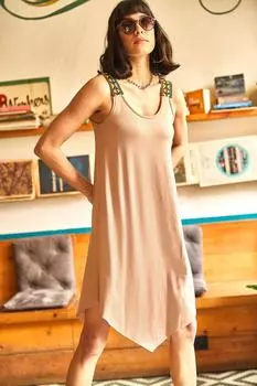 Женское бежевое асимметричное платье на бретельках в этническом стиле Olalook, бежевый