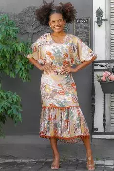 Женское бежевое длинное платье с v-образным вырезом и цветочным узором, с воздушными рукавами и помпоном Chiccy, бежевый