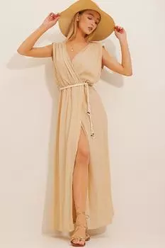 Женское бежевое двубортное вязаное платье миди с поясом и воротником Trend Alaat Stili, бежевый