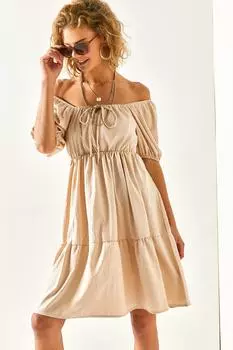 Женское бежевое мини-платье с эластичной резинкой на талии и кружевным воротником «кармен» Olalook, бежевый