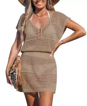 Женское бежевое мини-пляжное платье с V-образным вырезом и короткими рукавами в стиле кружева Cupshe, коричневый/бежевый