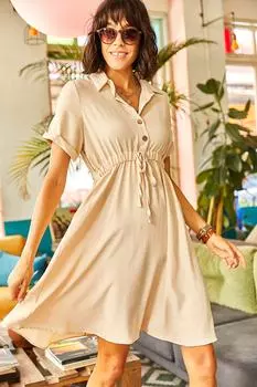Женское бежевое мини-тканое платье с рубашочным воротником и 4 пуговицами на шнуровке Olalook, бежевый