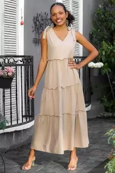 Женское бежевое многослойное льняное платье с v-образным вырезом и завязками на плечах Chiccy, бежевый