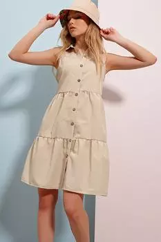 Женское бежевое многослойное тканое платье-рубашка без рукавов с воланами ALC-X6197 Trend Alaat Stili, бежевый