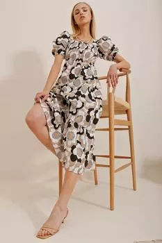 Женское бежевое платье из блестящего поплина с рукавами арбуза и цветочным узором спереди и сзади, с воланом по краю ALC-X8478 Trend Alaat Stili, разноцветный