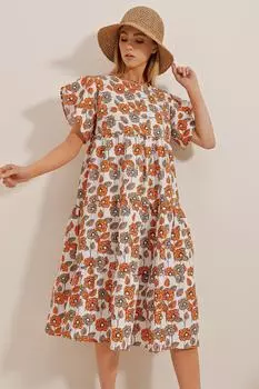 Женское бежевое платье из поплина с круглым вырезом и воланами с цветочным узором Trend Alaat Stili, бежевый