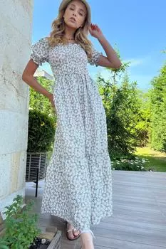 Женское бежевое платье из поплина с воротником Мадонны и цветочным узором ALC-X8731 Trend Alaat Stili, бежевый