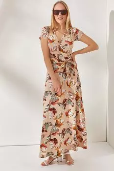 Женское бежевое платье макси с двубортным воротником и поясом Olalook, бежевый