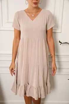 Женское бежевое платье с v-образным вырезом и сборками с короткими рукавами и оборками armonika, бежевый