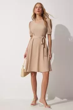 Женское бежевое расклешенное трикотажное платье с v-образным вырезом и поясом Happiness stanbul, бежевый