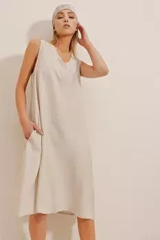 Женское бежевое тканое платье Aerobin с v-образным вырезом и двойными карманами Trend Alaat Stili, бежевый