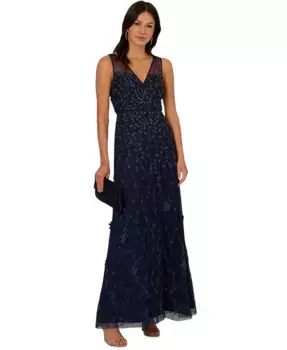 Женское бисерное платье без рукавов с V-образным вырезом Adrianna Papell, синий