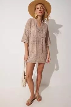 Женское бисквитное ажурное летнее трикотажное пляжное платье Happiness stanbul, бежевый