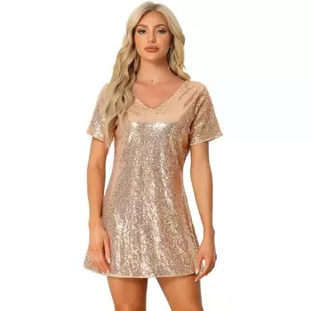 Женское блестящее платье с пайетками, мини-клубная одежда с V-образным вырезом и короткими рукавами, вечернее платье ALLEGRA K, цвет Champagne Gold