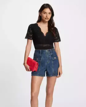 Женское боди с короткими рукавами, кружевом и плюмети Morgan, черный