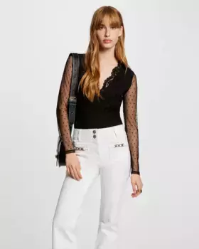 Женское боди с V-образным вырезом и аппликациями из плюмети Morgan, черный