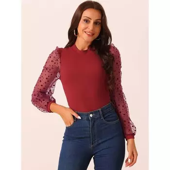 Женское боди с воротником-стойкой в горошек, прозрачные боди в рубчик с длинным рукавом, облегающие боди Seta T, черный