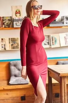 Женское бордовое красное платье миди с квадратным воротником и разрезом Olalook, бордовый