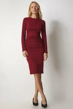 Женское бордовое вязаное платье с рюшами и шнуровкой Happiness stanbul, бордовый