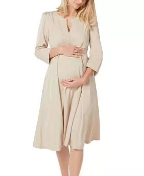Женское чайное платье миди с завышенной талией для беременных и кормящих матерей из тенселя MARION, коричневый/бежевый