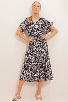 Женское черно-белое платье из вискозной ткани с v-образным вырезом и пуговицами спереди Trend Alaat Stili, черный