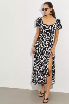 Женское черно-белое платье миди с квадратным вырезом и разрезом с рисунком BK1647 Cool & Sexy, черный