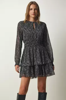 Женское черно-белое шифоновое платье с воланами и окнами Happiness stanbul, черный