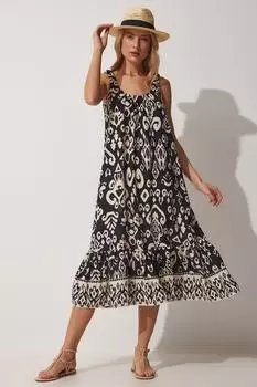 Женское черно-белое струящееся летнее тканое платье оверсайз Happiness stanbul, черный