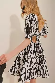 Женское черно-белое тканое платье с квадратным вырезом, рукавами-арбузами и завязкой сзади Trend Alaat Stili, черный