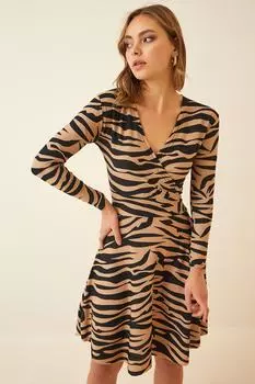 Женское черно-бежевое трикотажное платье с узором и воротником-стойкой Happiness stanbul, разноцветный